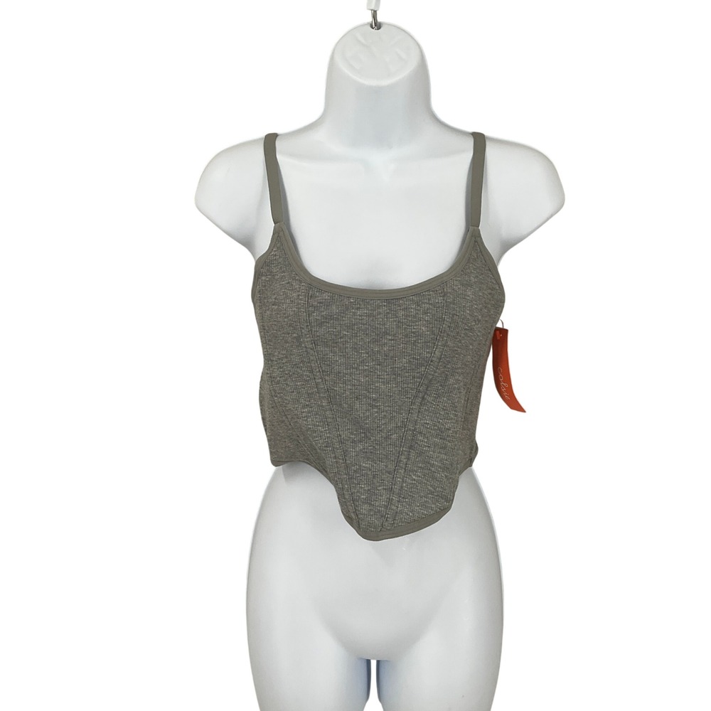 Colsie Corset Tank Top Womens Sz L Grey Cotton Ribbed Adjustable Straps NEW